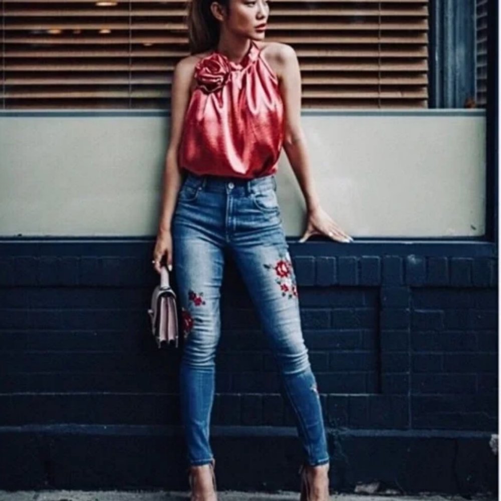 Express Embroidered Floral Distressed Skinny Jeans